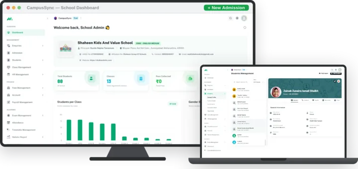 CampusSync school dashboard and student management screens
